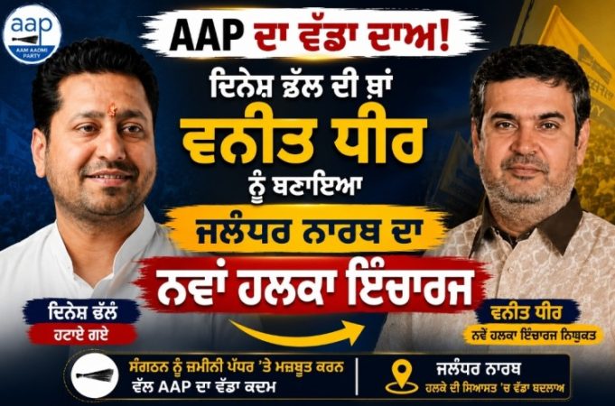 AAP Punjab में बड़ा फेरबदल: वनीत धीर को जालंधर नॉर्थ का हलका इंचार् बनाया गया इंचार्ज Vaneet Dhir North Halka Incharge